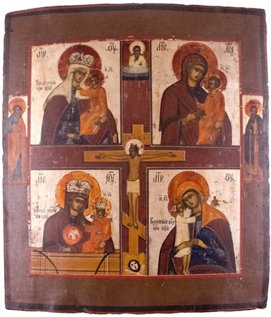 Scuola di Mosca, Icona quadripartita con Cristo in croce, Madonne con il...