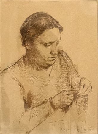 Carlo Striccoli ( Altamura 1897 – Arezzo 1980 ), Donna che cuce. Disegno a...