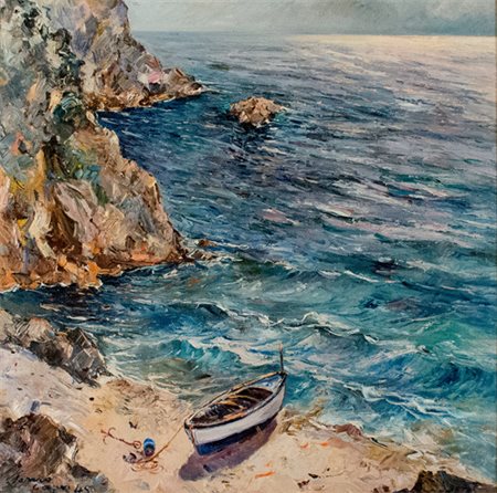 Matteo Sarno ( Ischia 1894 – Napoli 1957 ), Marina a Capri. Olio su tela di...