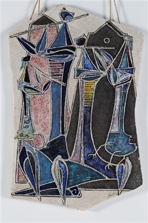 FANTONI MARCELLO Piastra in ceramica smaltata con figure cubiste, anni 50. -....