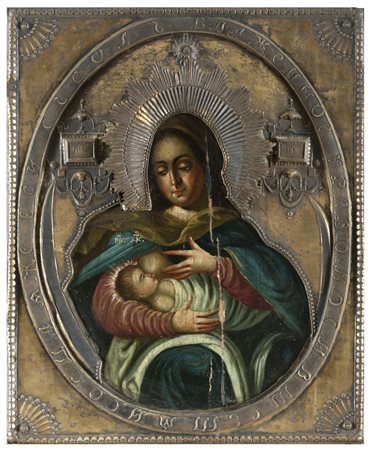 ICONA RUSSA INIZI XVIII SECOLO Madonna col Bambino Tempera su tavola cm 31,5...