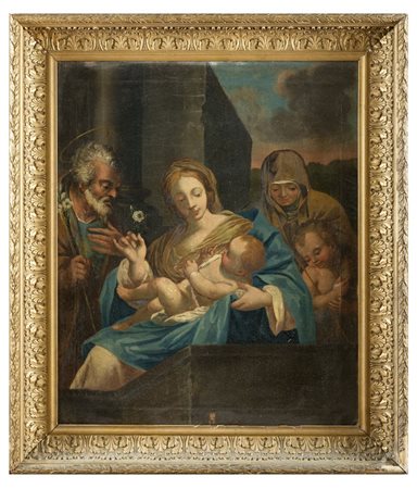PITTORE FRANCESE XVIII SECOLO Sacra Famiglia e San Giovannino Olio su tela cm...