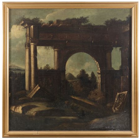 PITTORE ITALIANO FINE XVII SECOLO Paesaggio con capriccio Olio su tela cm 153...