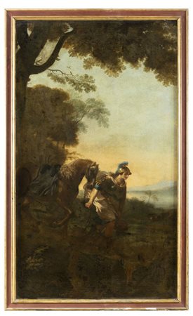 PITTORE ITALIANO FINE SEICENTO Soldato con cavallo Olio su tela cm 145 x 80...