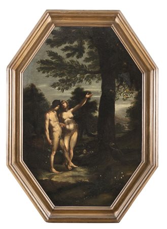 PITTORE ITALIANO XVII SECOLO Adamo ed Eva Olio su tela ottagonale, cm 81 x 53