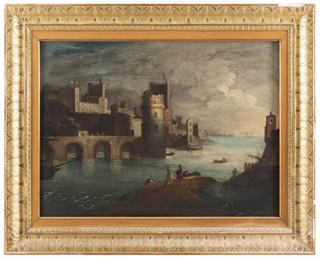 PITTORE FRANCESE DEL XVIII SECOLO Marina con castello Olio su tela cm 75 x 100