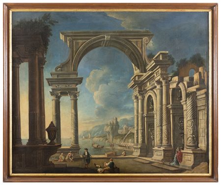 GENNARO GRECO Att.a Napoli 1663 - 1714 Capriccio architettonico vista mare...