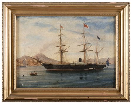 PITTORE INGLESE XIX SECOLO Nave Inglese nella baia di Napoli 1851 Olio su...