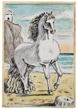 DE CHIRICO GIORGIO (1888 - 1978) Cavallo in riva al mare. . Tecnica mista su...