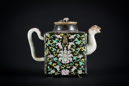 Arte Cinese Teiera in porcellana famiglia nera con decoro floreale Cina,...