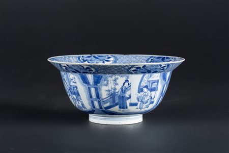Arte Cinese Ciotola in porcellana bianco/blu dipinta con scene ricreative di...