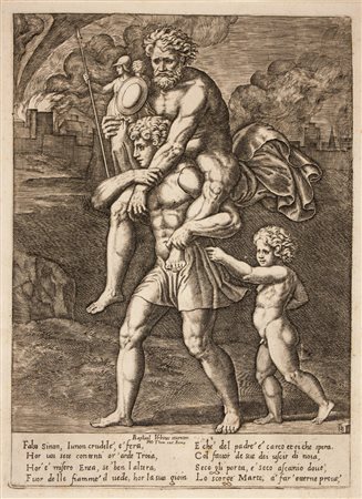 Maestro del Dado Enea fugge da Troia con Anchise sulle spalle ed Ascanio.1530...