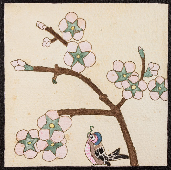Emma Bonazzi, Albero fiorito e uccellino.Tempera, acquerello e oro su