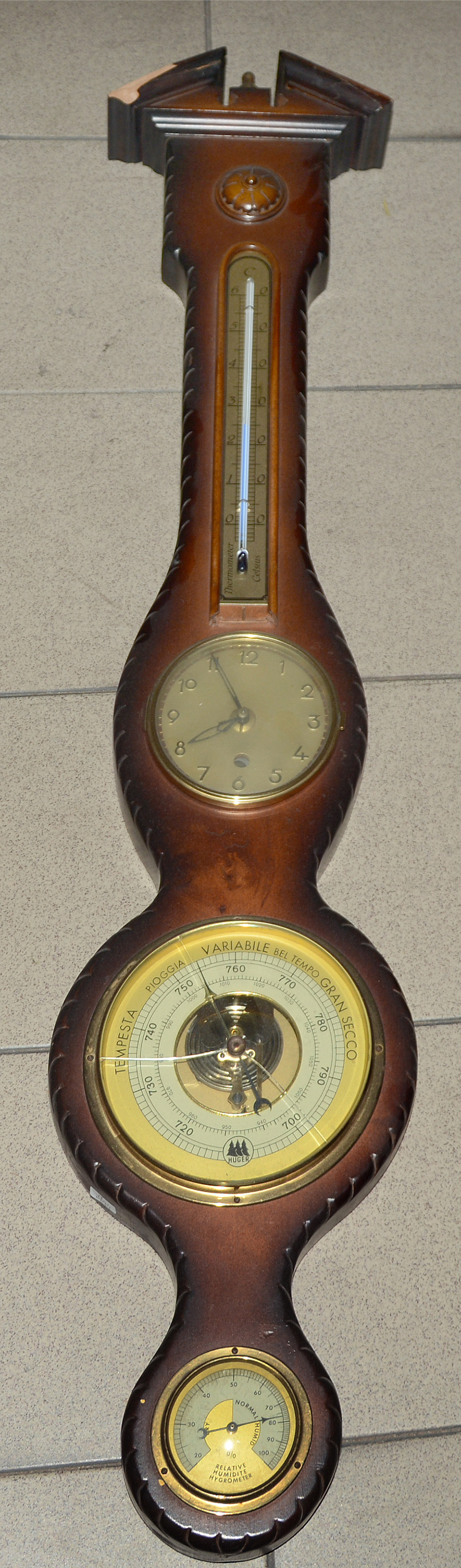 Termometro/barometro da parete con cassa in legno e orologio (h cm 86), Il Ponte Casa d'Aste