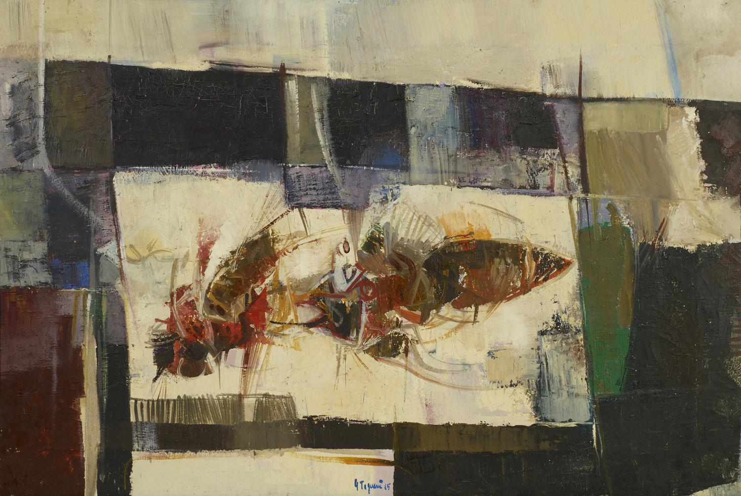 Giancarlo Tognoni (1932) LOTTA DI ANIMALI olio su tela, cm 50x75 firma