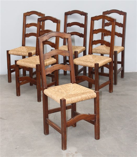 Gruppo di sei sedie impagliate con schienale a giorno (difetti
