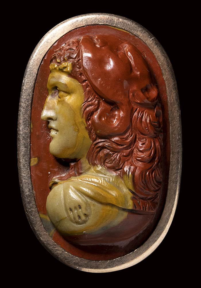 A fine bicolor jasper cameo set in a gold frame. Bust of Hercules. 18th ...