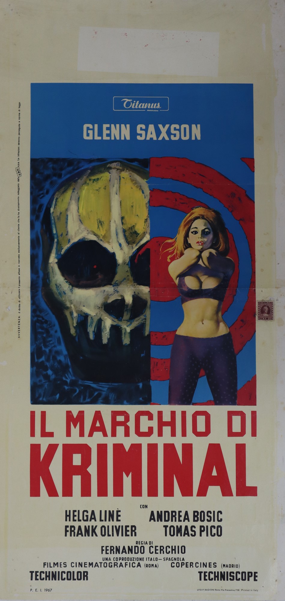 Locandina cinema ''Il marchio di Kriminal'', 1967 Art La Rosa Casa d