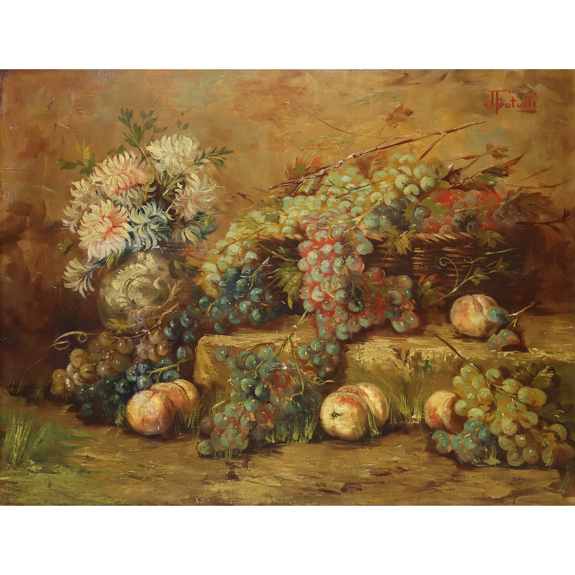 Quadro Su Tela Natura Morta Con Frutta E Uva - Stile Vintage Per Cucina E Sala Da Pranzo - Pronto Da Appendere