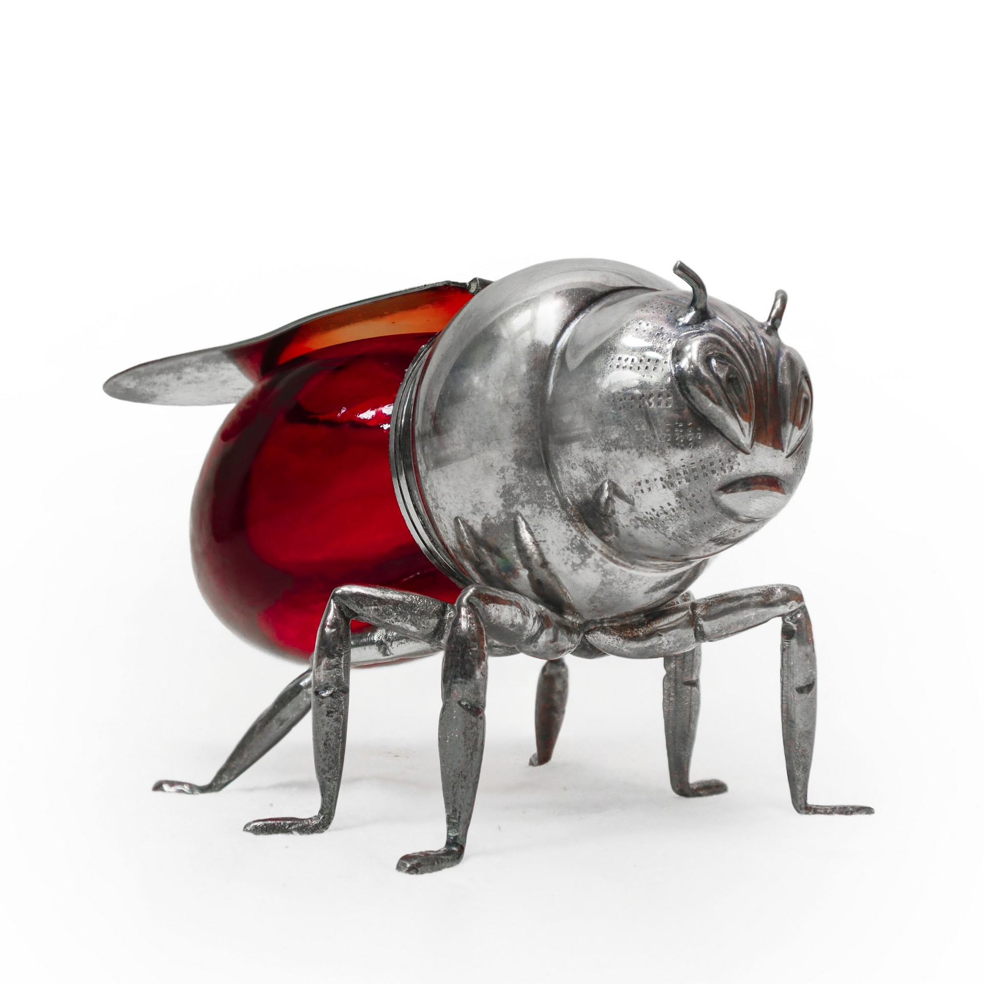 Teghini Firenze - Contenitore porta miele in silver plate e vetro rosso di  Murano a guisa di ape, 60's, Art La Rosa Casa d'Aste
