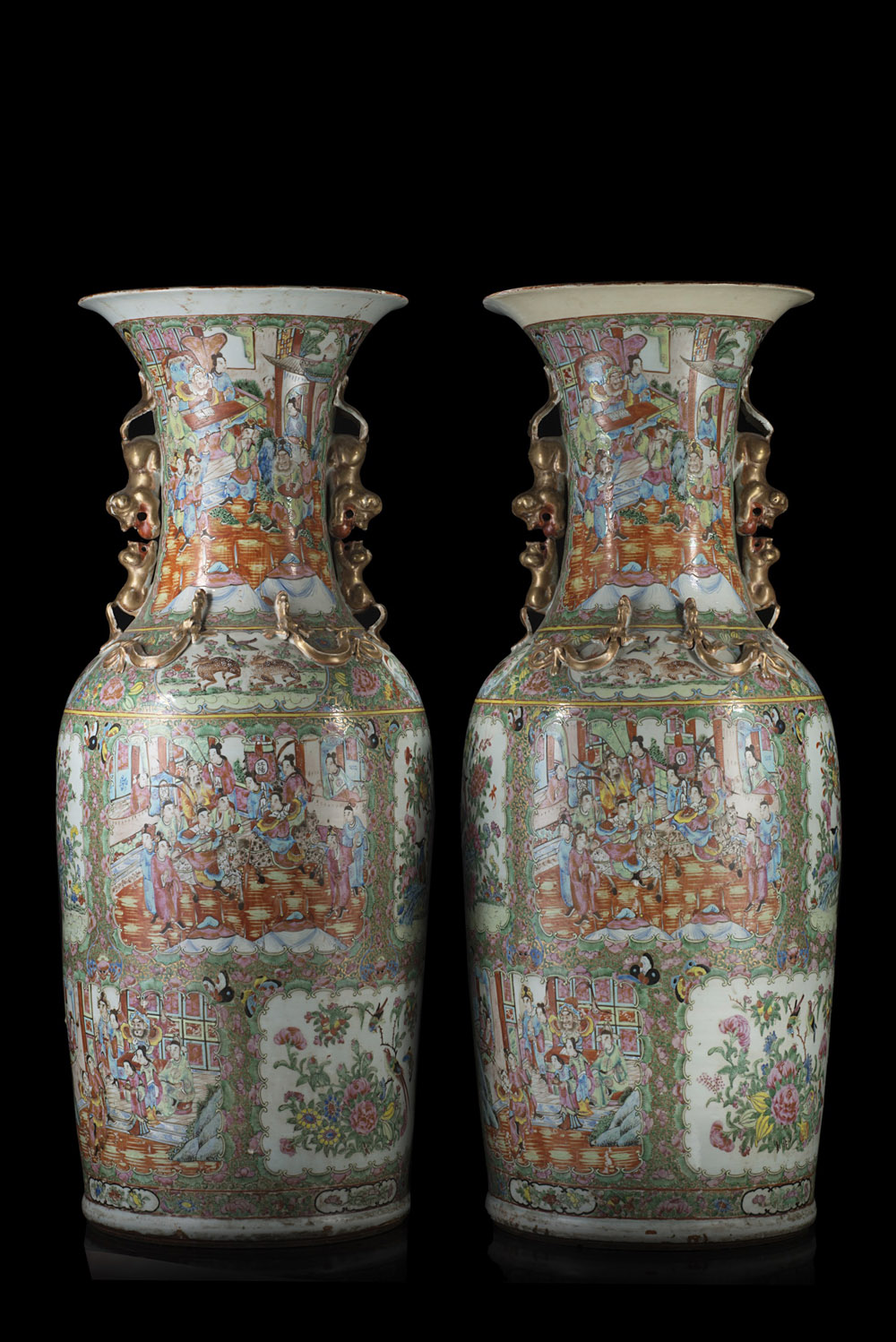 Coppia di grandi vasi a balustro in porcellana Famiglia Rosa cantonese ...