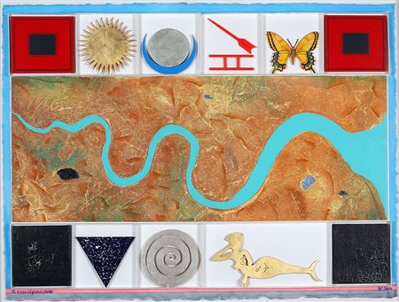 LUCIO DEL PEZZO 1933 Il grande fiume Collage polimaterico, foglia d'oro e...