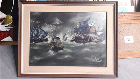Federico Manaò "Battaglia navale francospagnola" - 1979 - Olio su tela - cm...