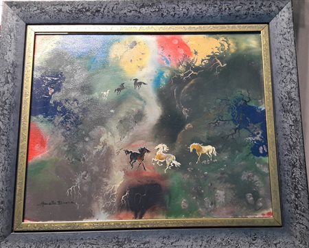 Arnaldo Della Bruna "Cavalli su monti" - Olio su tela applicata su tavola...