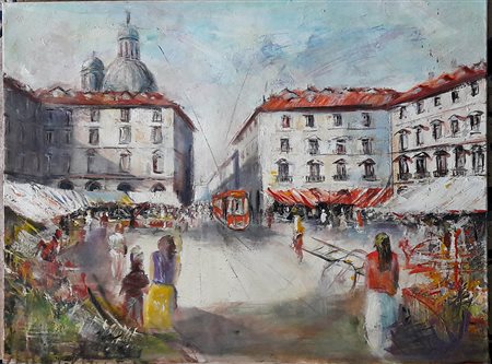 Augusto Ferrara "Porta Palazzo" - Acrilico su tela -cm 60X80 - Autentica...