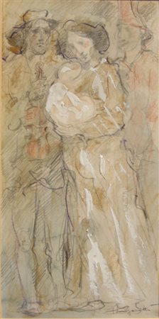 Trento Longaretti, "Famiglia Trento" - Tecnica mista su carta - cm 28x13,5 -...