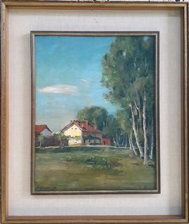 Vellan Felice "Casa con alberi" - 1951 - Olio su tavola - cm. 45x35- Firma e...