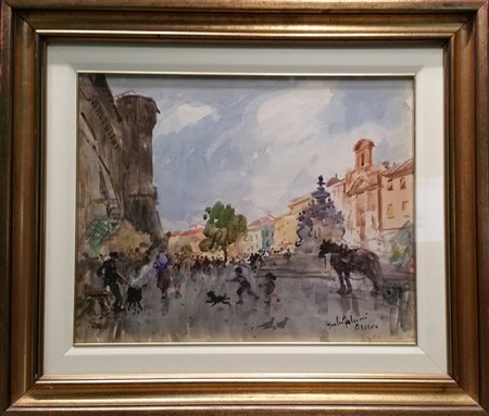Giulio Falzoni "Al mercato" - Acquarello su carta - cm 50x60 - Firma in basso...