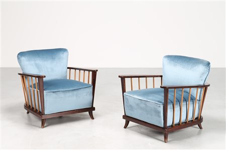 BUFFA PAOLO (1903 - 1970) Coppia di poltrone in legno e velluto, anni 50. -....