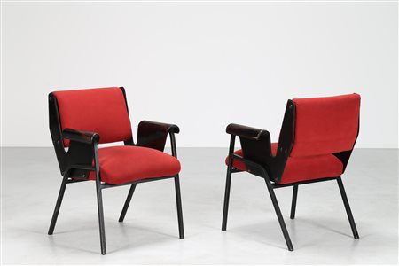 PULITZER FINALI GUSTAVO (1887 - 1967) Coppia di poltroncine in metallo cuoio...