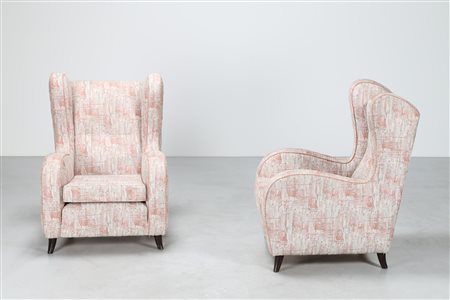 BEGA MELCHIORRE (1898 - 1976) Coppia di poltrone in legno e tessuto, anni 40....