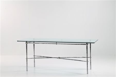 BANCI FIRENZE Tavolo in ferro battuto e cromato con piano in cristallo, anni...