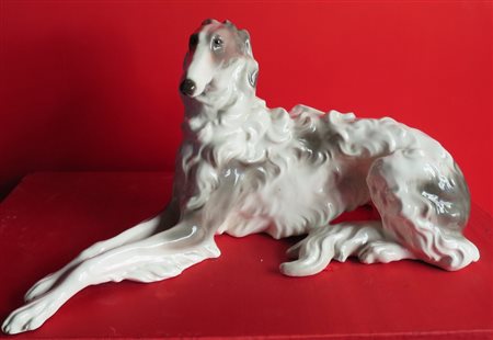 GOLDSCHEIDER - CANE BORZOI (BORZOI DOG) Scultura in ceramica smaltata e...