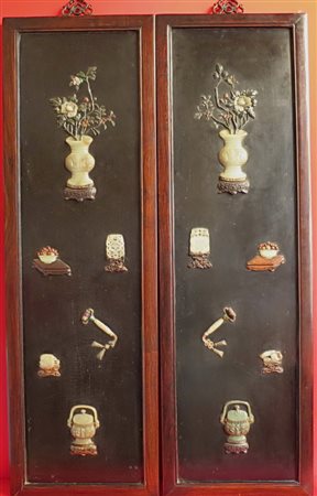 IMPORTANTE COPPIA DI PANNELLI, CINA, XIX/XX SECOLO in legno e lacca con...