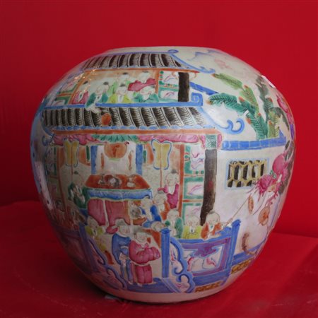 VASO FAMIGLIA ROSA, CINA, XIX SECOLO in porcellana policroma, raffigurante...