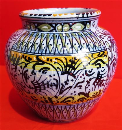 MOLARONI PESARO - VASO in maiolica dipinta nei toni del verde, nero, giallo,...