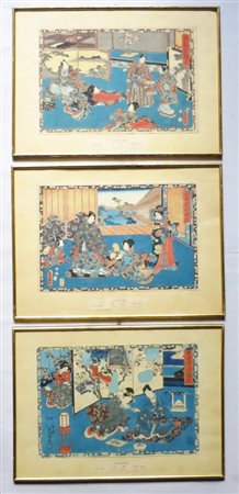 UTAGAWA TOYOKUNI (1769-1825) - 'SCENE D'INTERNO' (INTERIOR SCENES) Serie di 3...