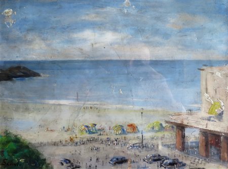 SAVINIO - 'SPIAGGIA' (BEACH) Olio su cartoncino 32,5 x 25 cm Firmato in basso...