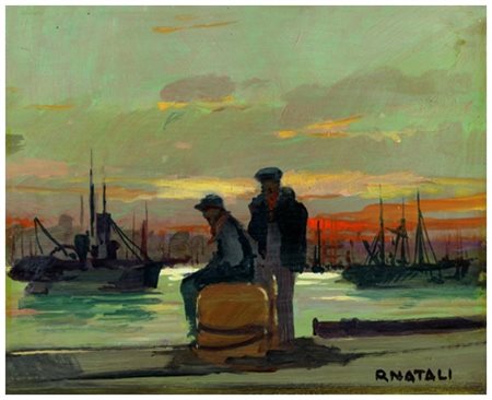 RENATO NATALI Livorno 1883 – Livorno 1979 Al porto Olio su tavola 20 x 25....