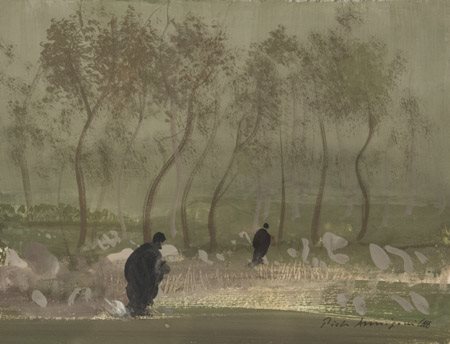 Pietro Annigoni (Milano 1910 Firenze 1988) Paesaggio con figure Tempera...