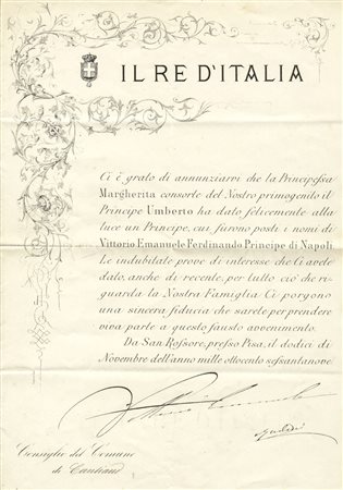 Documento a stampa nel quale si annuncia la nascita di Vittorio Emanuele...