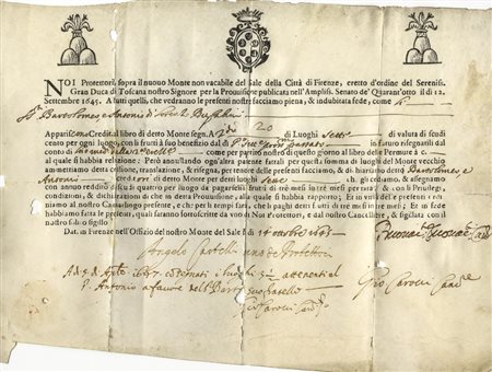 Monti fiorentini. 4 documenti.Datati 1645 (2 documenti), 1646 e...
