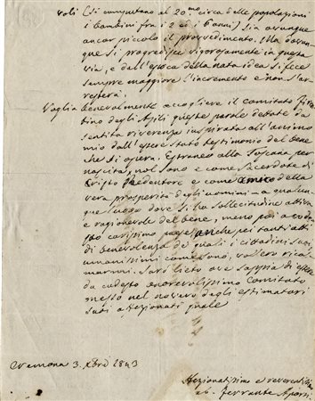 Aporti Ferrante, Lettera autografa firmata inviata 'All'onorevole Comitato...