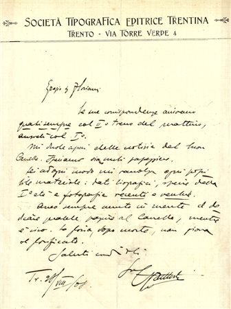 Battisti Cesare, Lettera autografa firmata.Datata 1908, Trento.Manoscritto a...