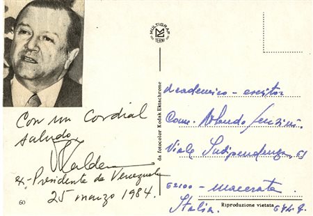 Caldera Rafael, Dedica e firma autografa su cartolina.Datata 1984.Manoscritto...