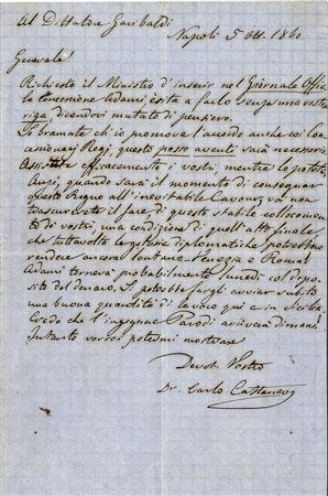 Cattaneo Carlo, Lettera autografa firmata inviata a Giuseppe...